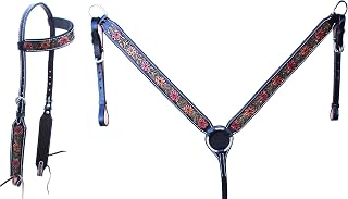 CHALLENGER Horse Western Tooled Flowers One Ear Bridle & Breast Collar Set Brown 78FK19A