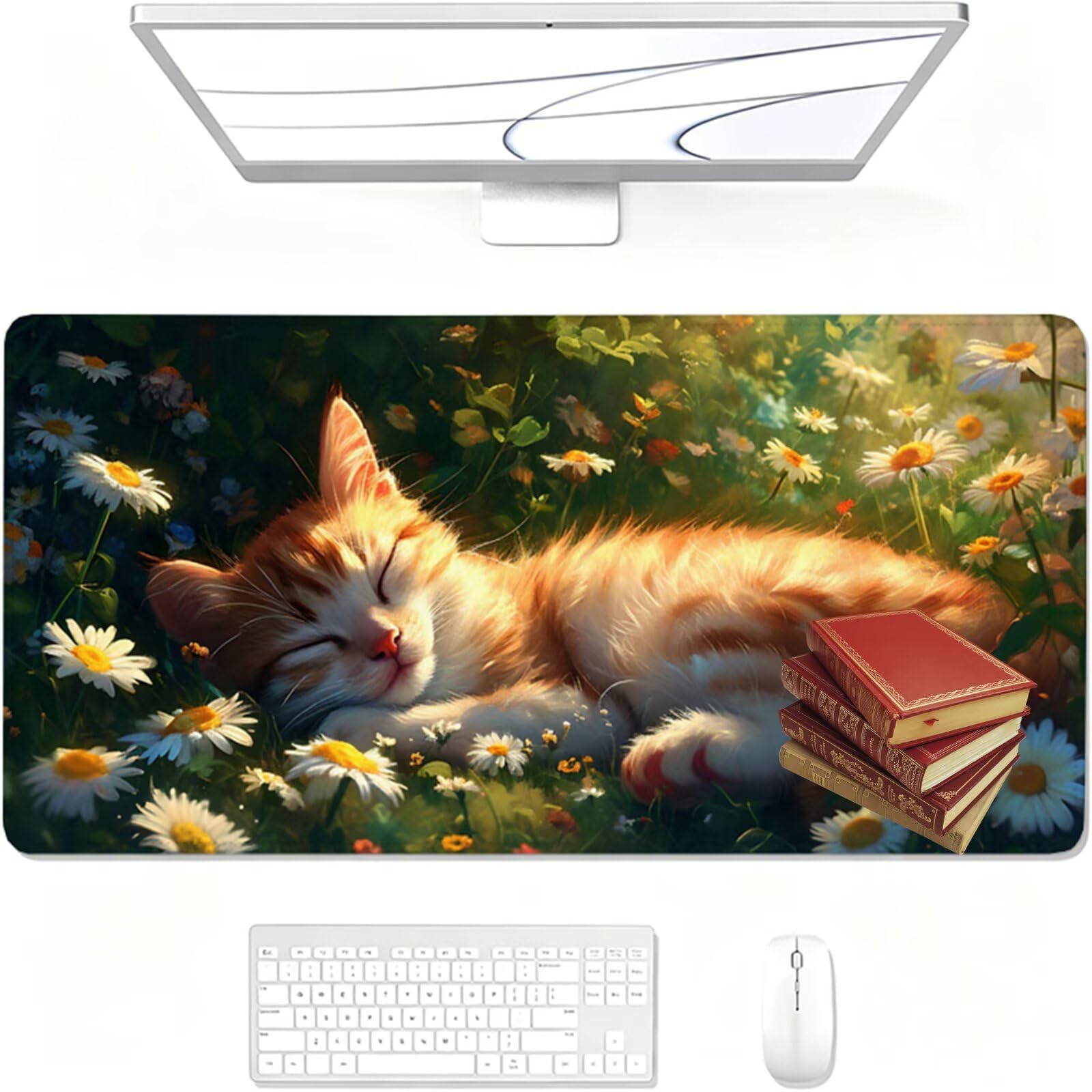 Tapis de Souris, 800 x 400 x 3 MM Tapis de Souris Vert, Grand Tapis Souris de Jeu avec Chat, Imperméable, Texturée Résistant à Usure Lavable, pour Gamer, la Maison et Le Bureau XF-752