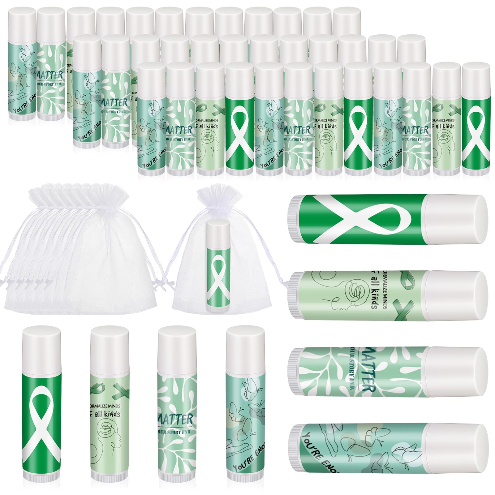 Fumete 100 Sets Suicide Prevention Awareness Lip Balm Bulks Motivational Green Teal Ribbon Lip Balm Gift for Mental Health Awareness Inspirational