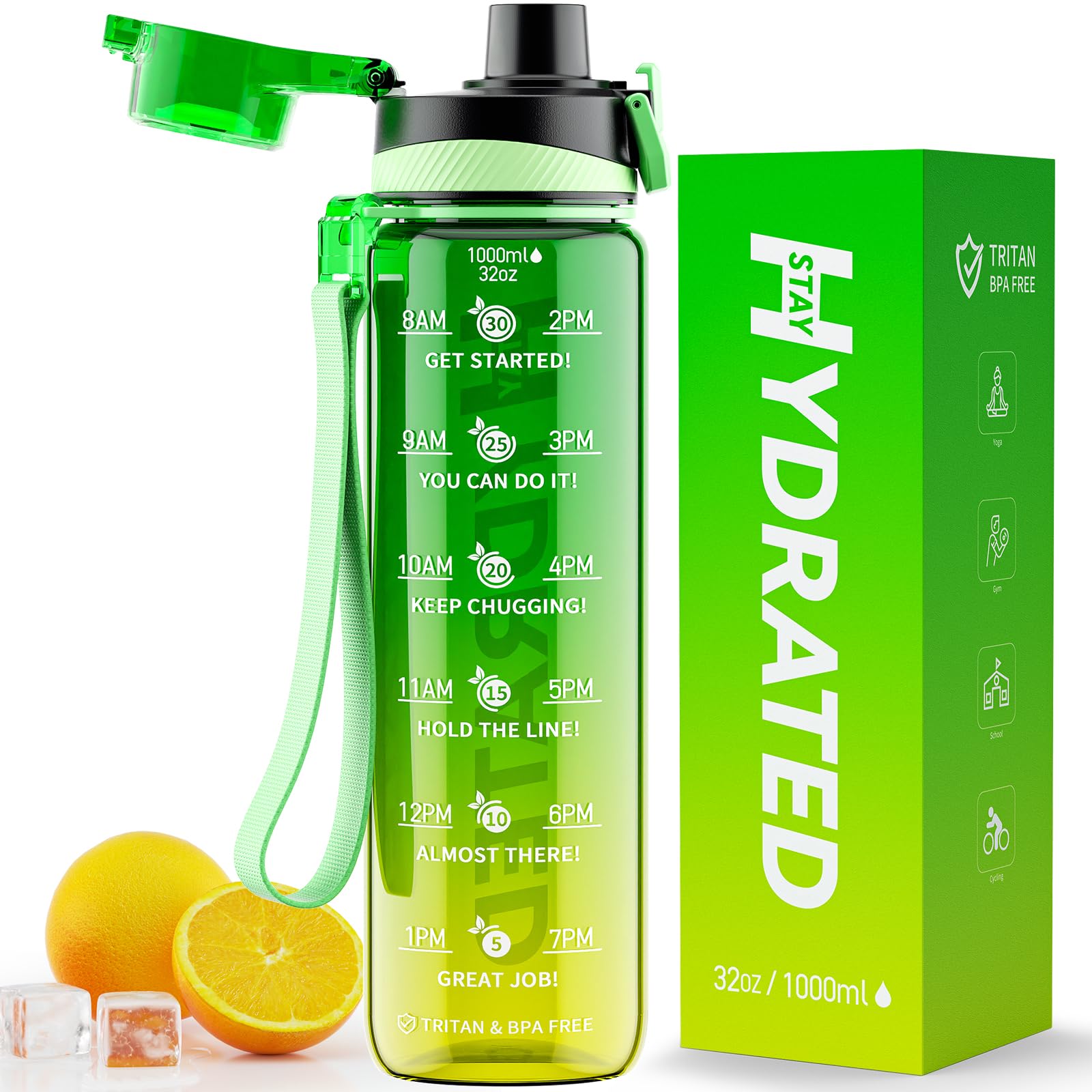 Water Bottle, 32 oz Motivational Water Bottles with Time Marker-Tritan & BPA Free, Sports Water Bottle with Time to Drink & Strap, Wide Mouth, Leakproof -Gift for Christmas Gym Fitness & OutdoorClimatePartner certifiedCarbonfree Certified