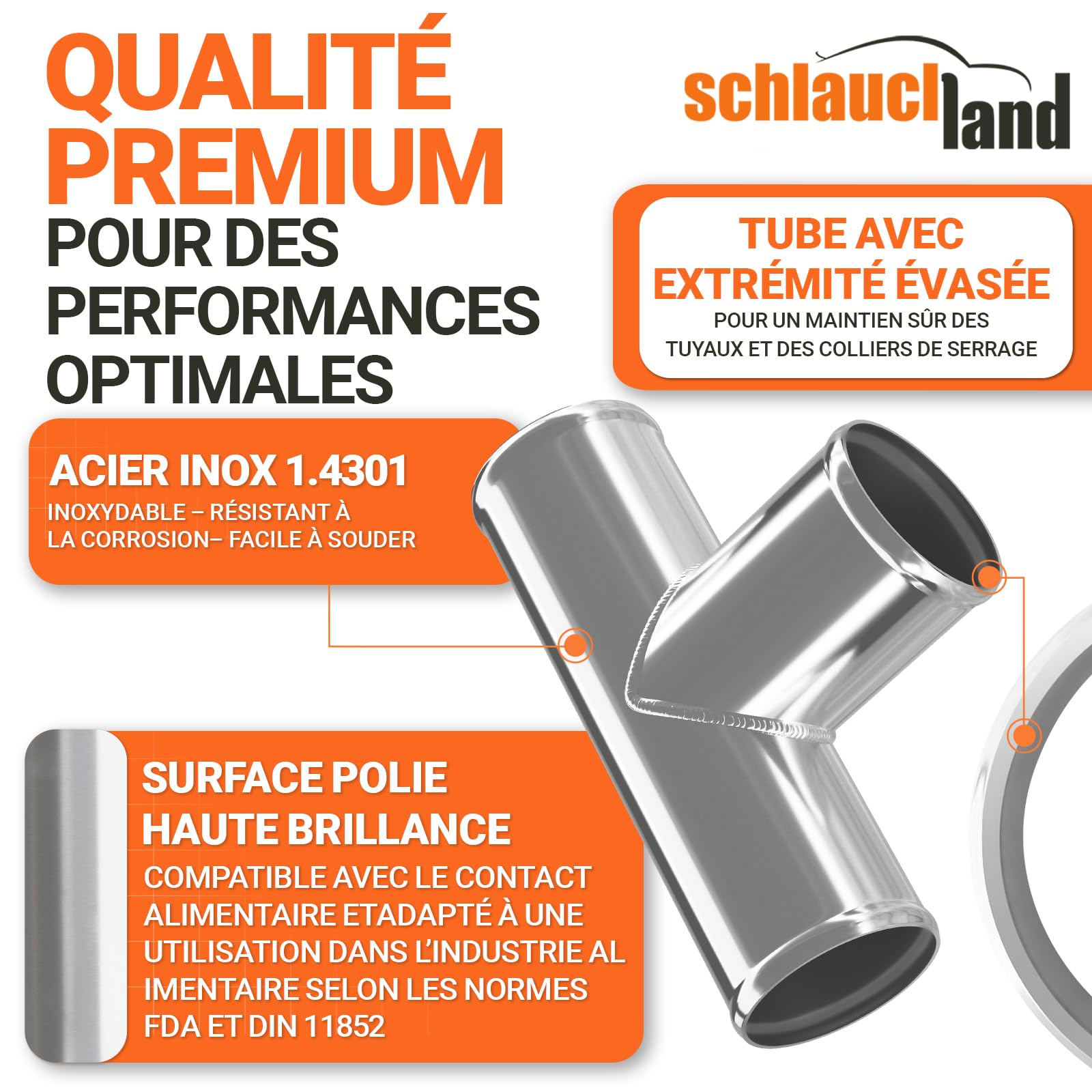 Té T TUBE ACIER INOXYDABLE A2 EXT-Ø 57mm TUYAU | SÉLECTION COULEURS & TAILLES | Raccord Distributeur Adaptateur Durite AISI 304 Alimentaire FDA INOX Universel Eau Air Liquide Voiture Radiateur