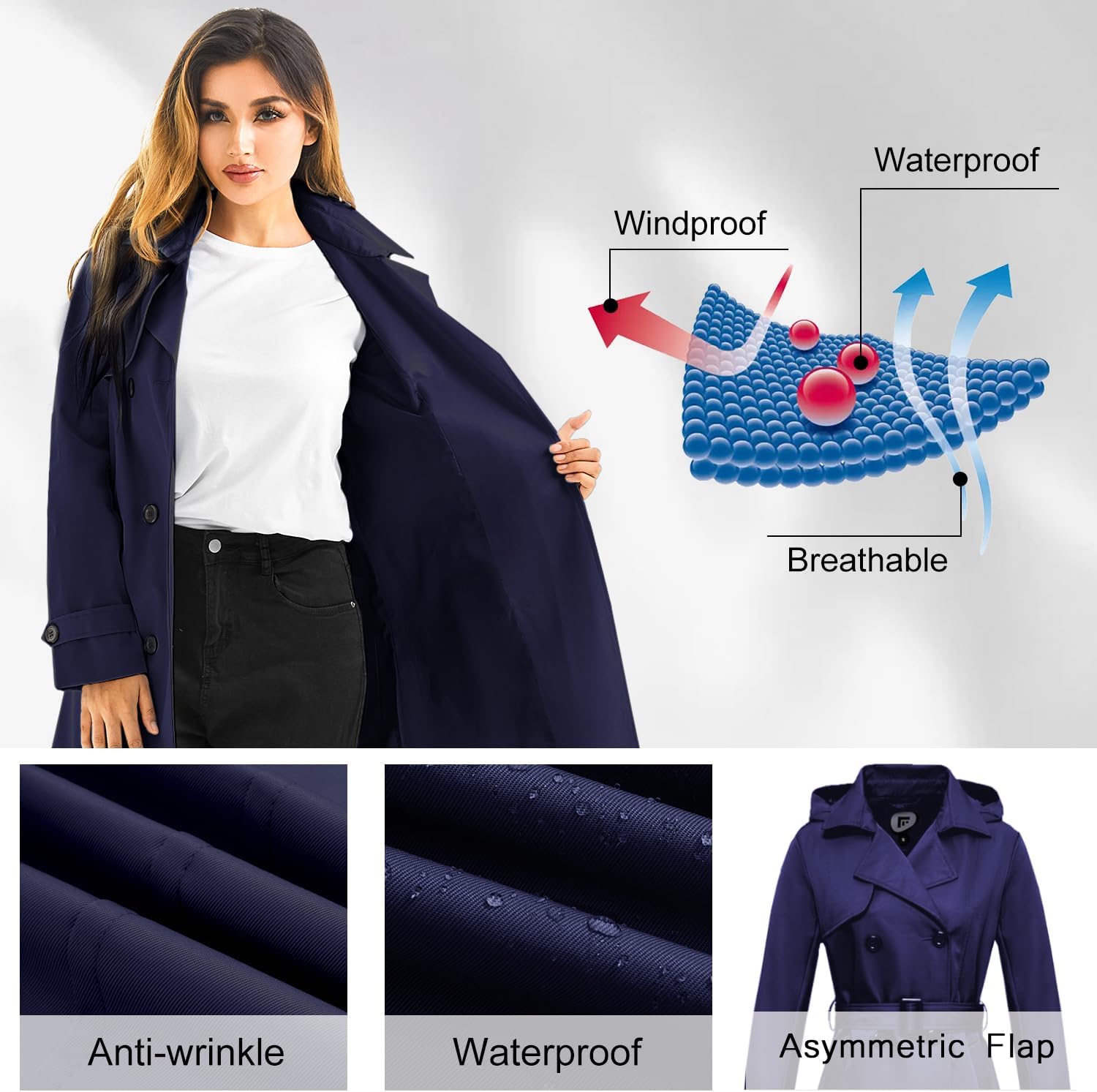 FARVALUE Women's Waterproof Trench Coat Long Double Breasted Windbreaker Classic Belted Lapel Overcoat with Removable Hood - Image 5
