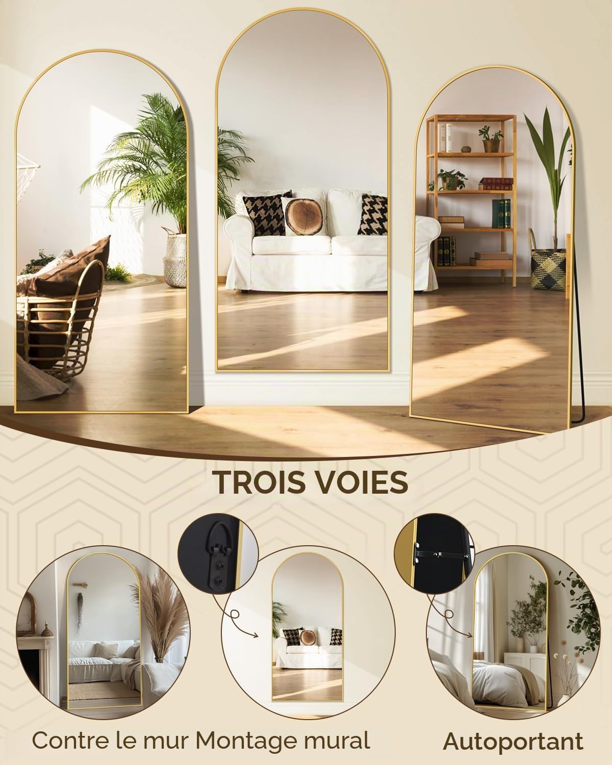 Antok Miroir Pleine Longueur, sur Pied, 180 x 76 cm, avec Cadre en Alliage d'aluminium et Verre incassable, Miroir de Sol bombé pour Salon, Dressing, doré