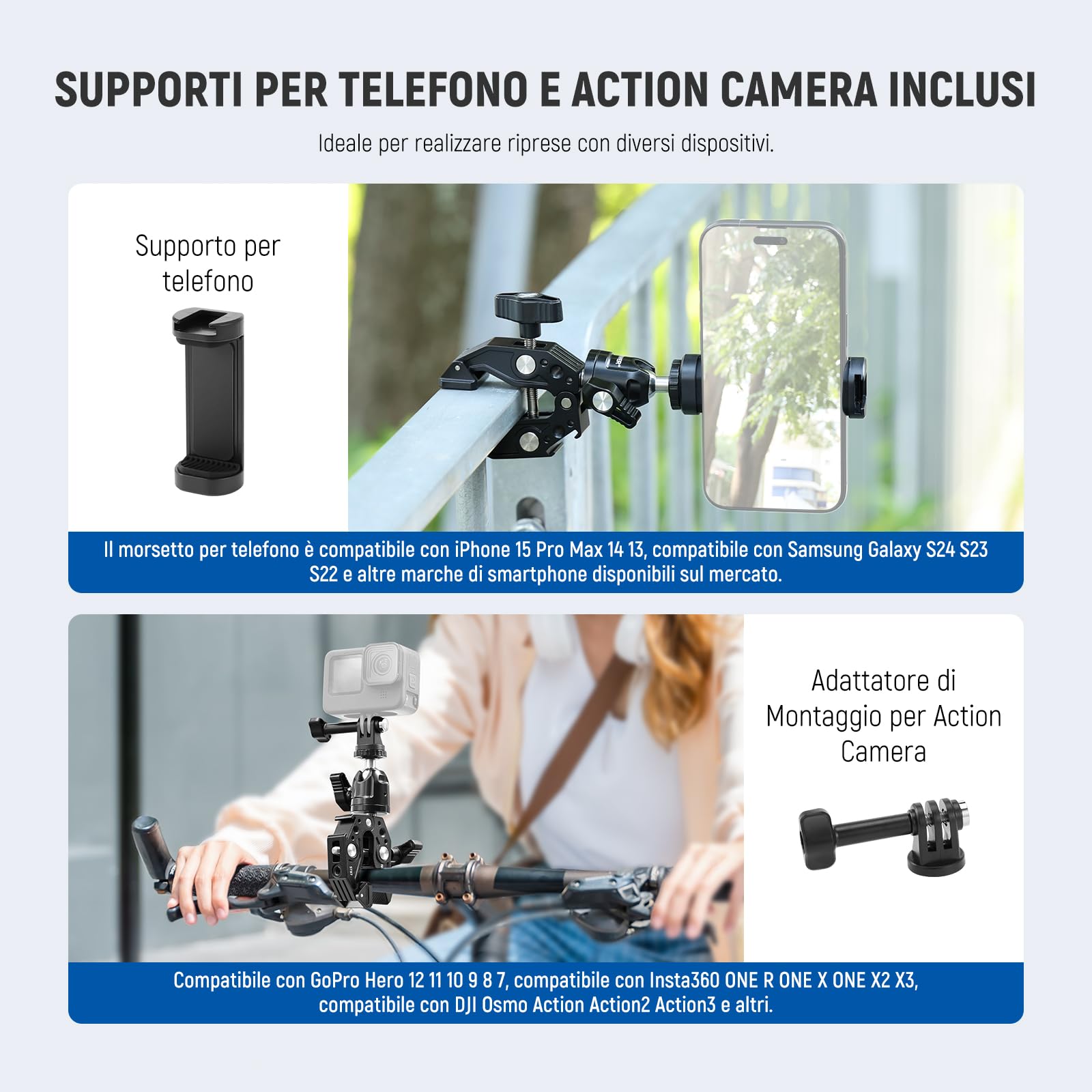 NEEWER Super Clamp con Testa a Sfera, Cold Shoe, Supporto per Telefono e Adattatore per Action Camera per Superfici Piane/Rotonde Compatibile con GoPro DJI iPhone 15 Pro Max, ST87