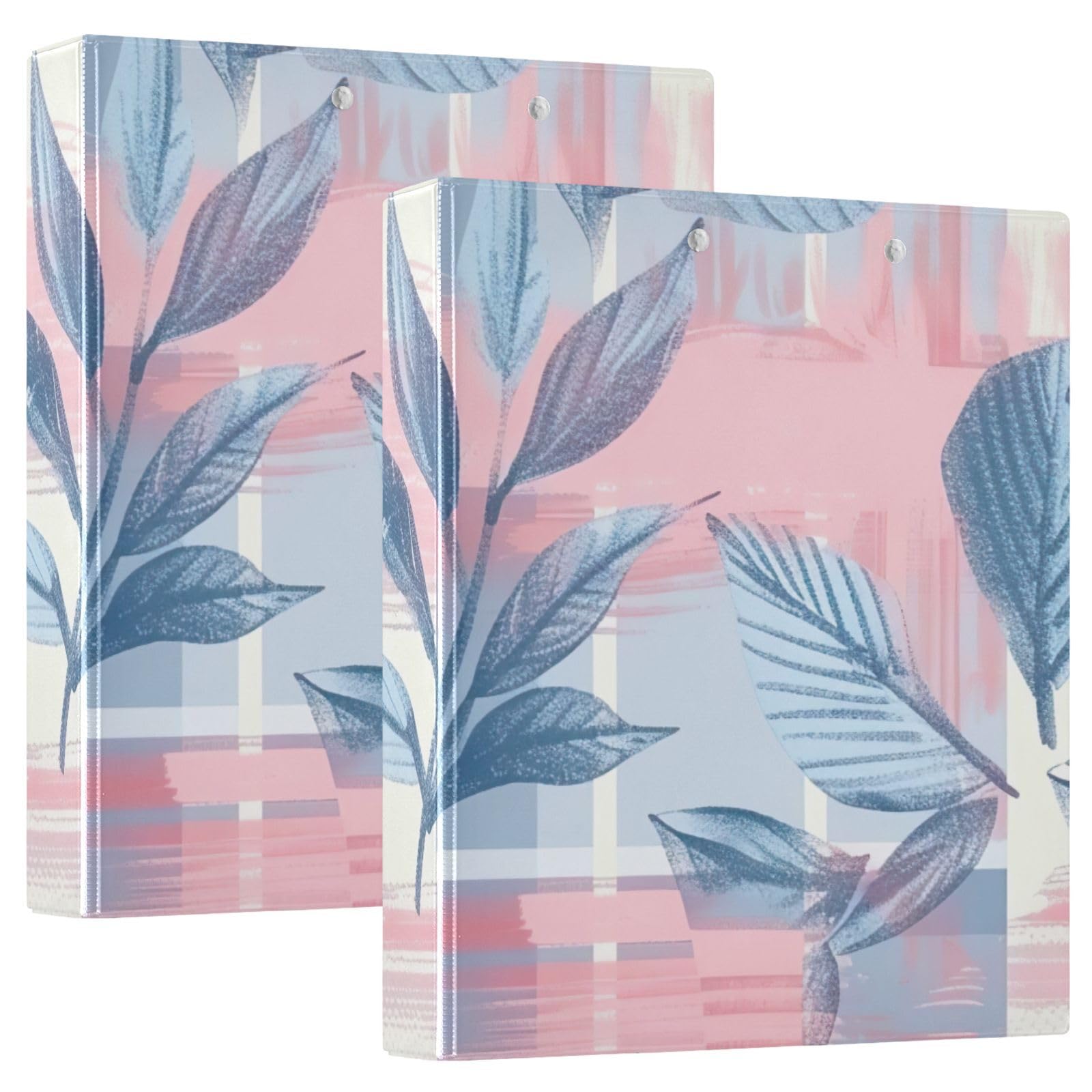 Raccoglitore a 3 anelli con stampa, 3,8 cm, raccoglitore ad anelli a D con tasche, raccoglitore decorativo per scuola, università o ufficio, motivo scozzese con foglie retrò blu rosa, taglia unica ex2