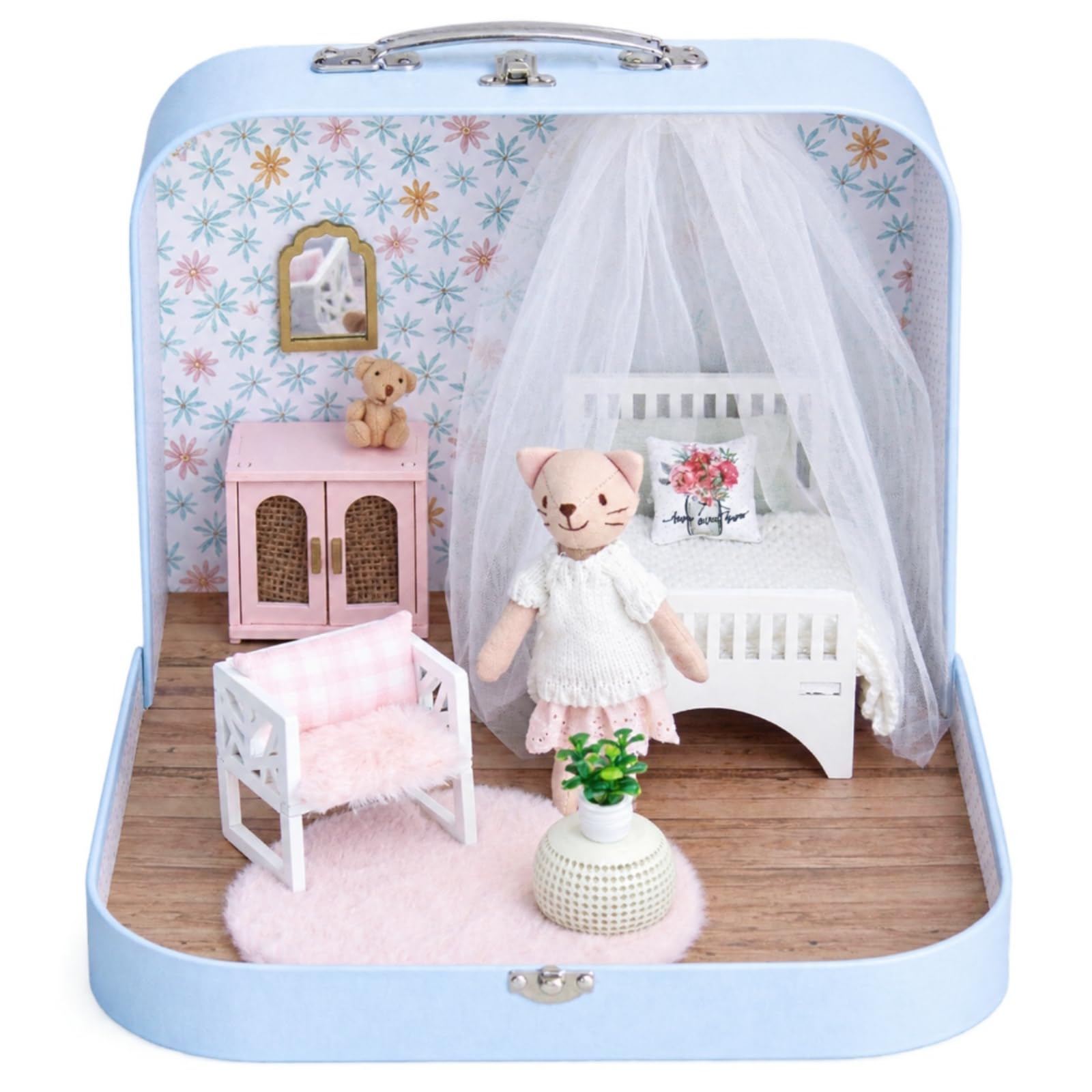 Stanza da Letto in Miniatura con Valigetta Compatto Casa Delle Bambole Portatile in Valigetta Giocattolo per Racconti Creativi, Gatto