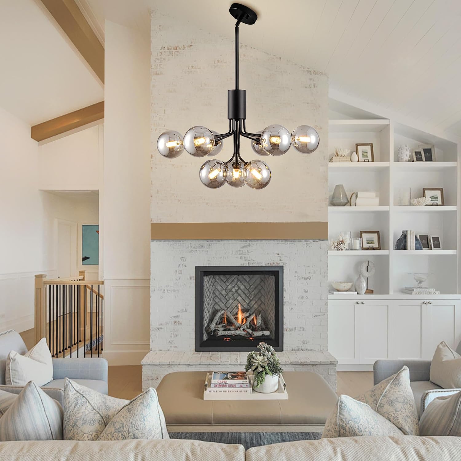 9-Light Smoked Glass Chandelier Globe Sputnik Chandeliers Large Globe Chandelier Black Sputnik Pendant Lights Kitchen Island Glass Chandeliers for Dining Room Living Room Farmhouse Bedroom Foyer