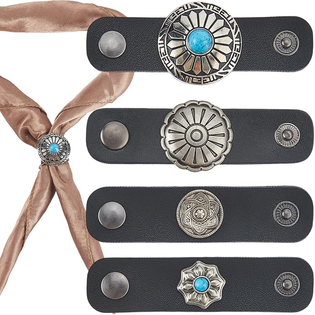 CALFOVERA 4PCS PU Leather Flower Turquoise Scarf Holder Buckle 4 Styles Handmade Vintage Pattern Western Bandana Scarf Ring Solid Color Bandana Neckchief Slides Clasp for Kerchief Headwear Headband