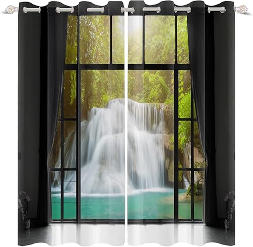 Renaiss Cortinas naturales cascada en el bosque montaña turquesa lago paisaje exterior ventana negra 45 pulgadas de alto x 29 pulgadas de ancho