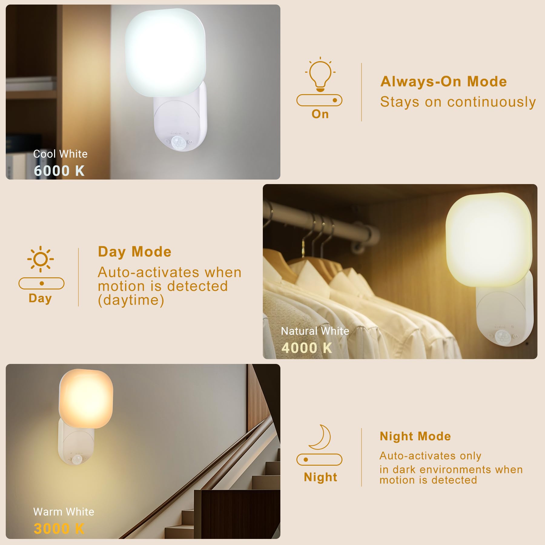 Cadrim Luce notturna con sensore di movimento, lampada da parete a batteria, per interni con sensore di movimento con batteria, 3 colori con sensore di movimento, 10 luminosità regolabile
