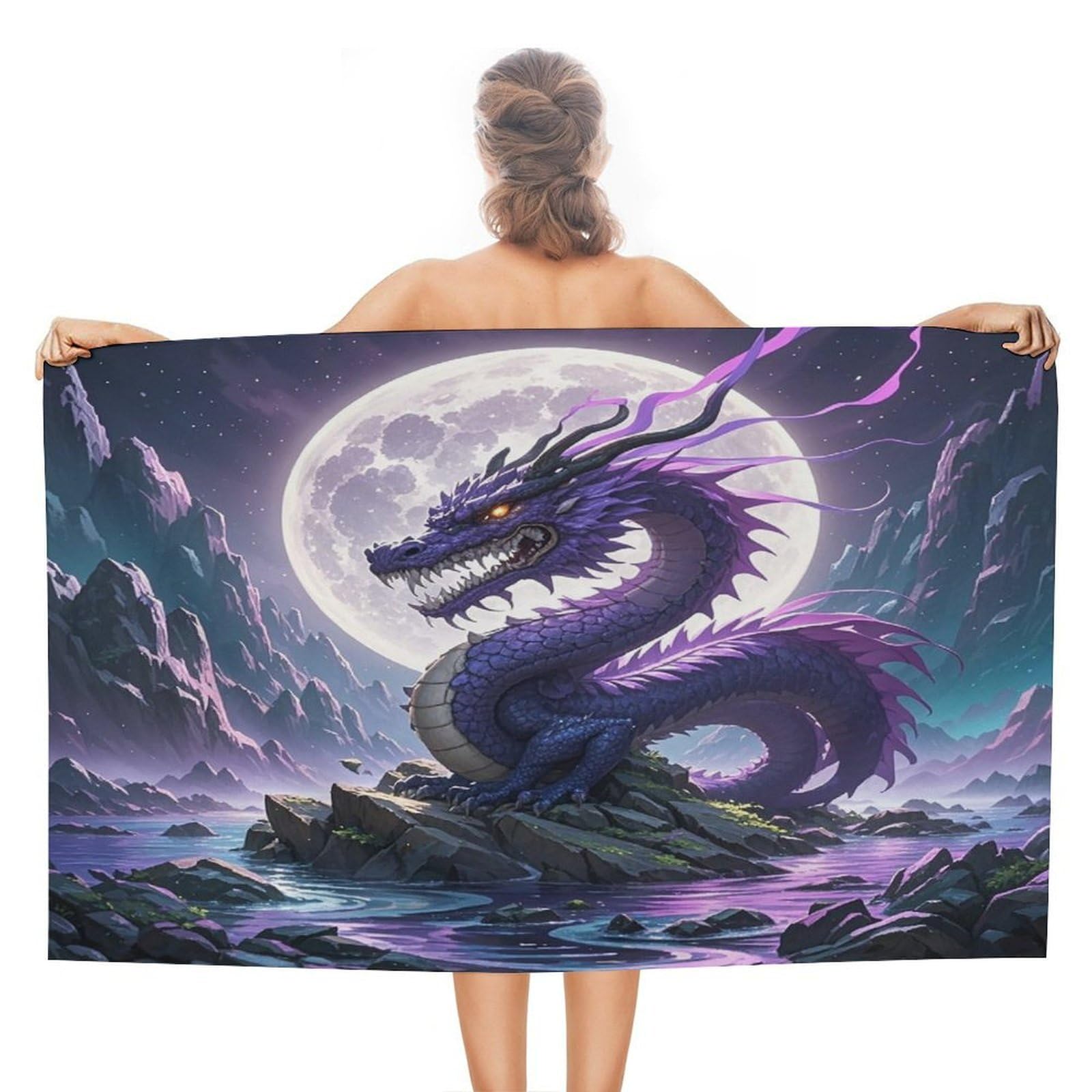VstaDank Purple Dragon Purple Moon Bath Towel Stylish Double-Faced Pile Travel Towel Soft Absorbent Beach Towel for Pool Swim Sports Camping Adults Gift 51X31 Inch