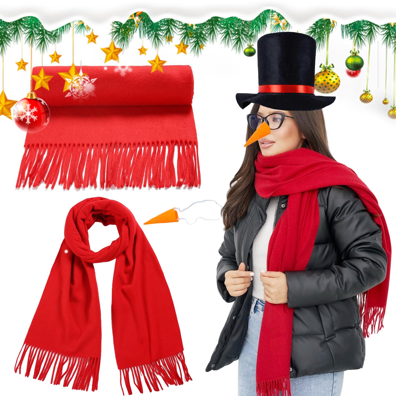 XNFUOE 10pcs Snowman Costume Adult Snowman Scarf Hat Carrot Nose Gloves Pom Pom Balls Tutu Skirt Christmas Fancy Dress for Women Men - Image 3