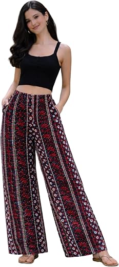 AGARBHA Women’s Printed Rayon Wide Leg Palazzo Pants with 2 Pockets | Breathable and Comfortable Elastic Waist Casual Loun...