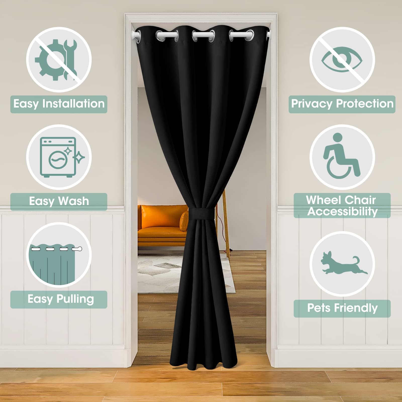 HOMEIDEAS Door Curtains for Doorway Privacy, Blackout Closet Door Curtain for Bedroom, Tie Back Insulated Cover Drapes, Black, W39 x L78 Inch, 1 Panel
