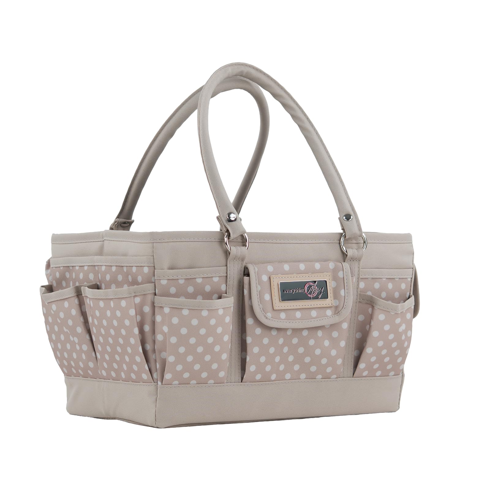 Everything Mary EVM12776-1 Basteltasche, Organizer, Tragetasche, Aufbewahrungskorb für Näh-und Scrapbooking, Bastelbedarf, mit Griff für Zubehör und Werkzeuge, Polyester, Hellbraun gepunktet