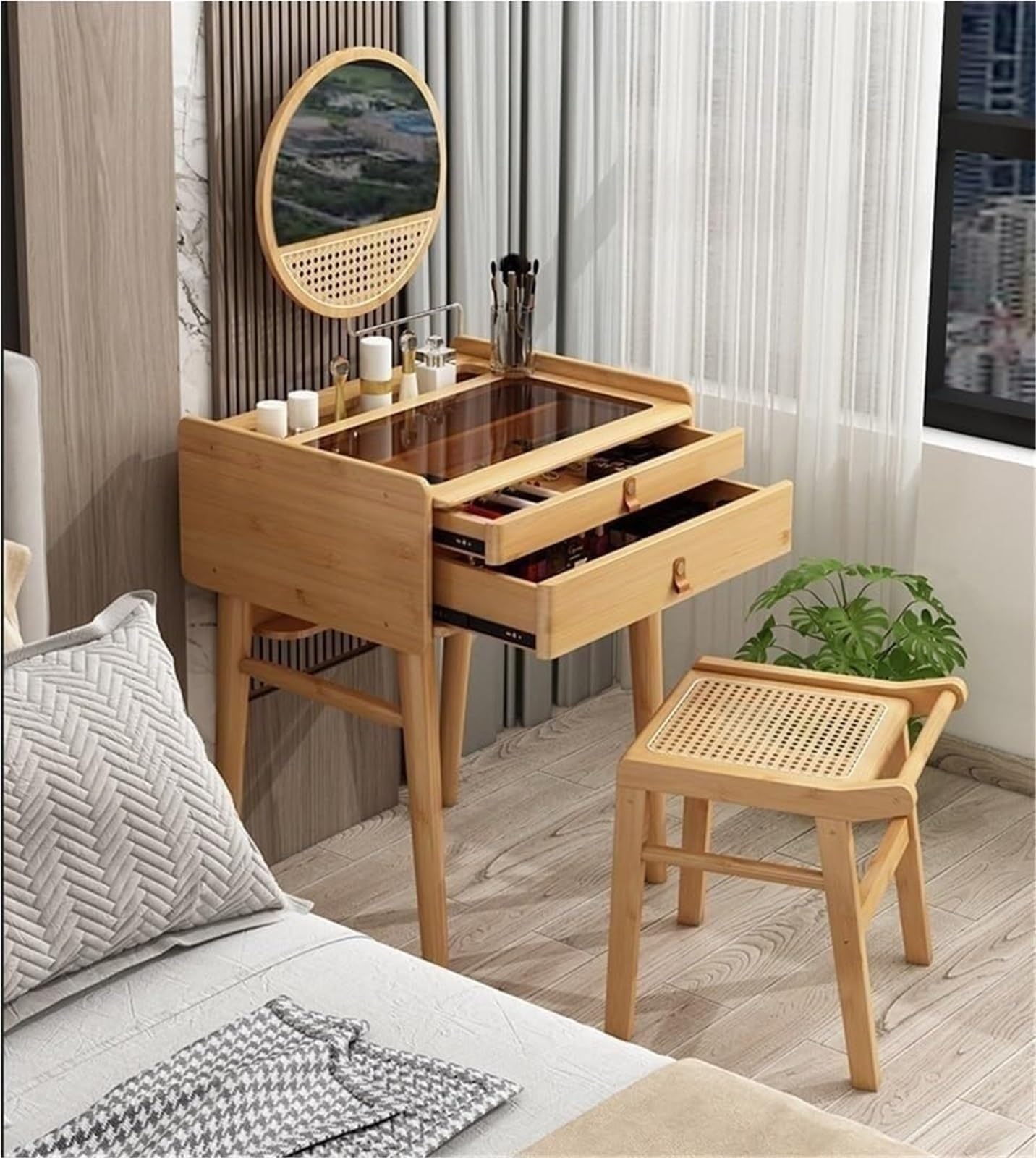 Bambus Make-up Vani mit Spiegel Platzsparende Kommode für kleine Wohnungen Slish s Top Sto für Ankleidebereiche und Schlafzimmer