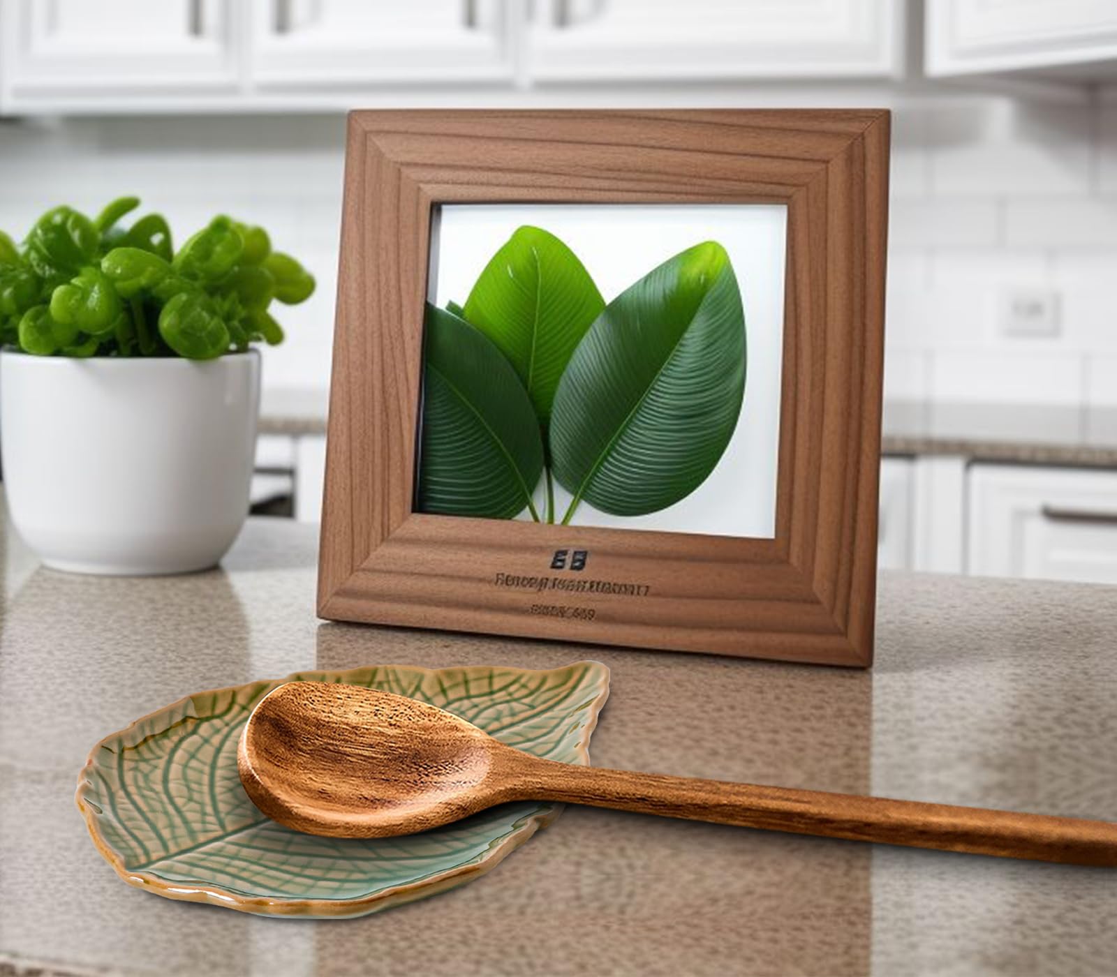 Green Leaf Ceramic Spoon Holder - Stove Top & Countertop Spoon Rest, Cute Kitchen Decor