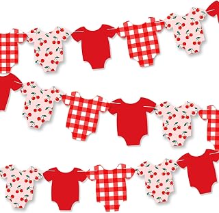FYSUIMU Cherry Baby Shower Banner Hanging Garland Red Pink White Bodysuit Plaid Hanging Banner DIY Required for Berry Gender Reveal Birthday Gingham Onesie Party Decorations