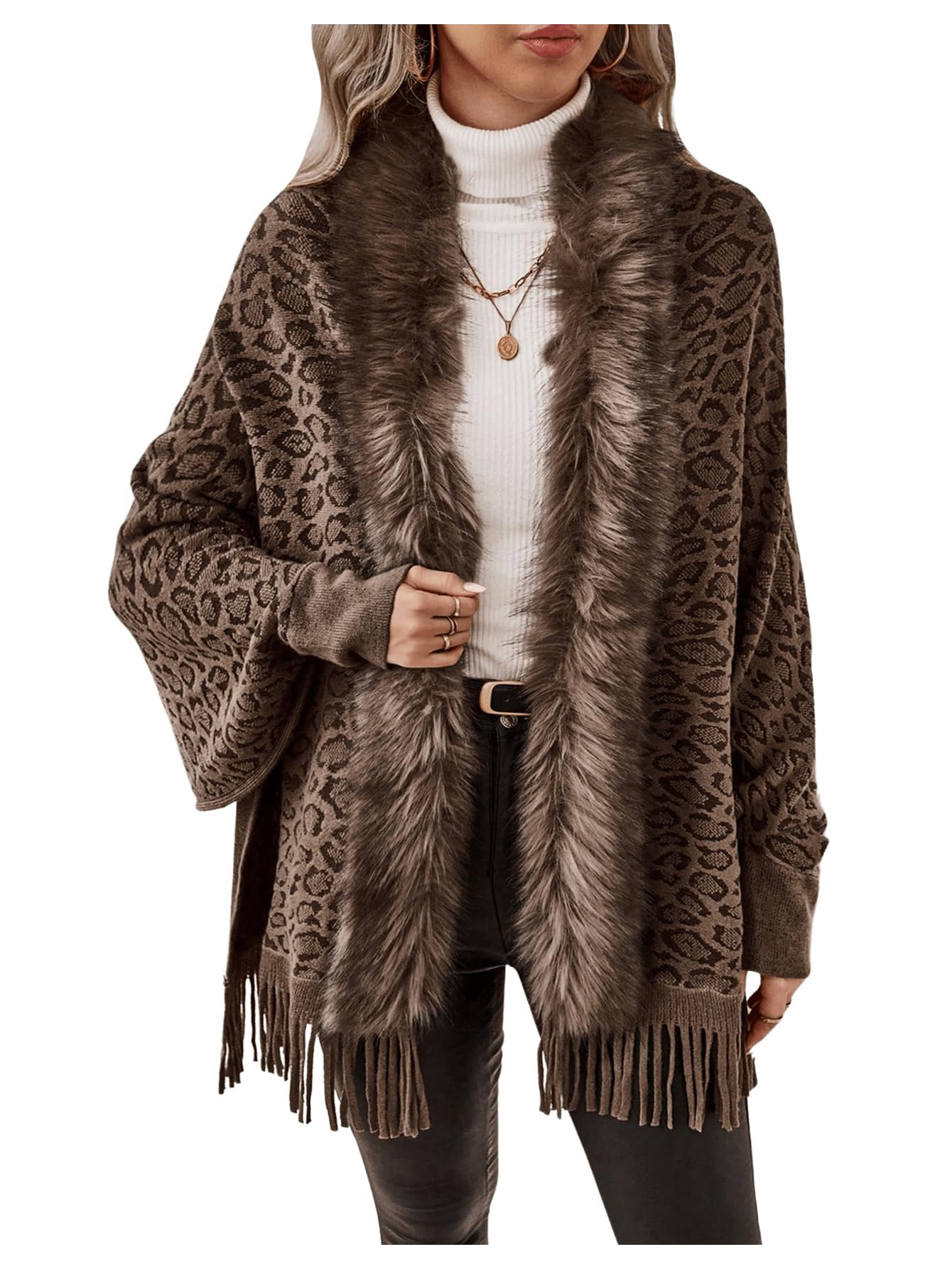 MakeMeChic Womens Leopard Faux Fur Collar Shawl Poncho Fringe Hem Long Sleeve Open Front Cardigans Sweater Coat