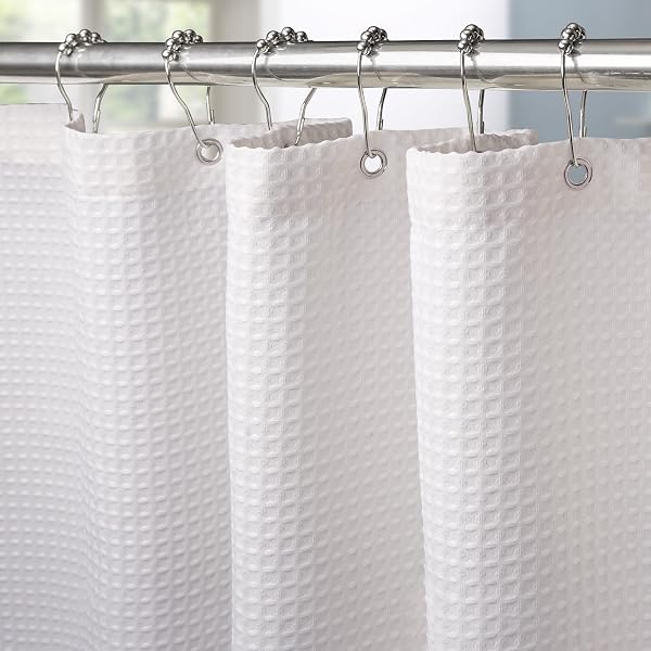 Cortina de Ducha para Baño Impermeable con Ganchos de Metal Cortina de Ducha de Tela Waffle Cortina de Baño Resistente y Antimoho para Bañera o Cabina - 152 x 182 cm (Blanco) - 1
