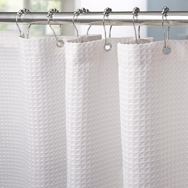 Waffle Weave Shower Curtain with Stainless Steel Hooks - 256 GSM Heavy Duty Fabric Bath Curtains, Hotel Luxury Quality, Water Resistant, Machine Washable, Weighted Hem, 72 x 78 Inches (White)