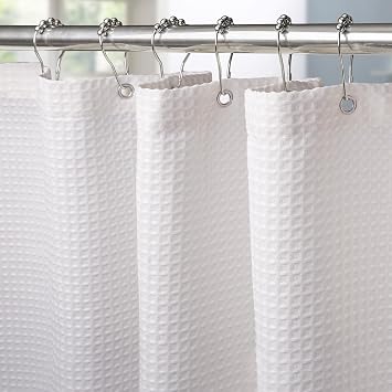 VANZAVANZU Shower Curtain for Bathroom with Metal Hooks Waffle Fabric Shower Curtain Heavy Duty Bath Curtain for Wet Room Bathtub Shower Stall, Weighted Hem, Water Resistant - 182 x 182cm White