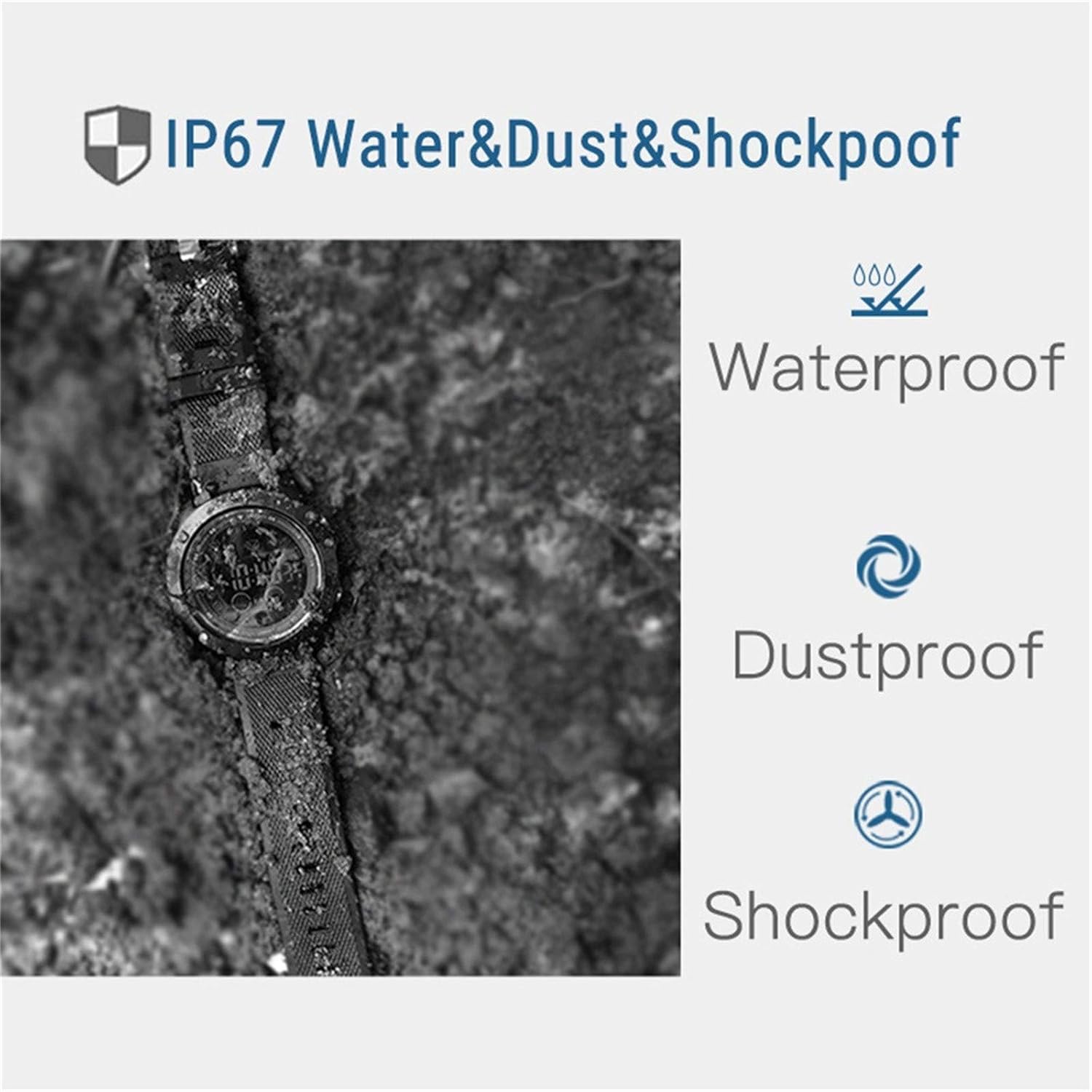 Image illustrating the IP67 water, dust, and shockproof features of the Zeblaze Vibe 3 smartwatch, showing the watch partially submerged in water.
