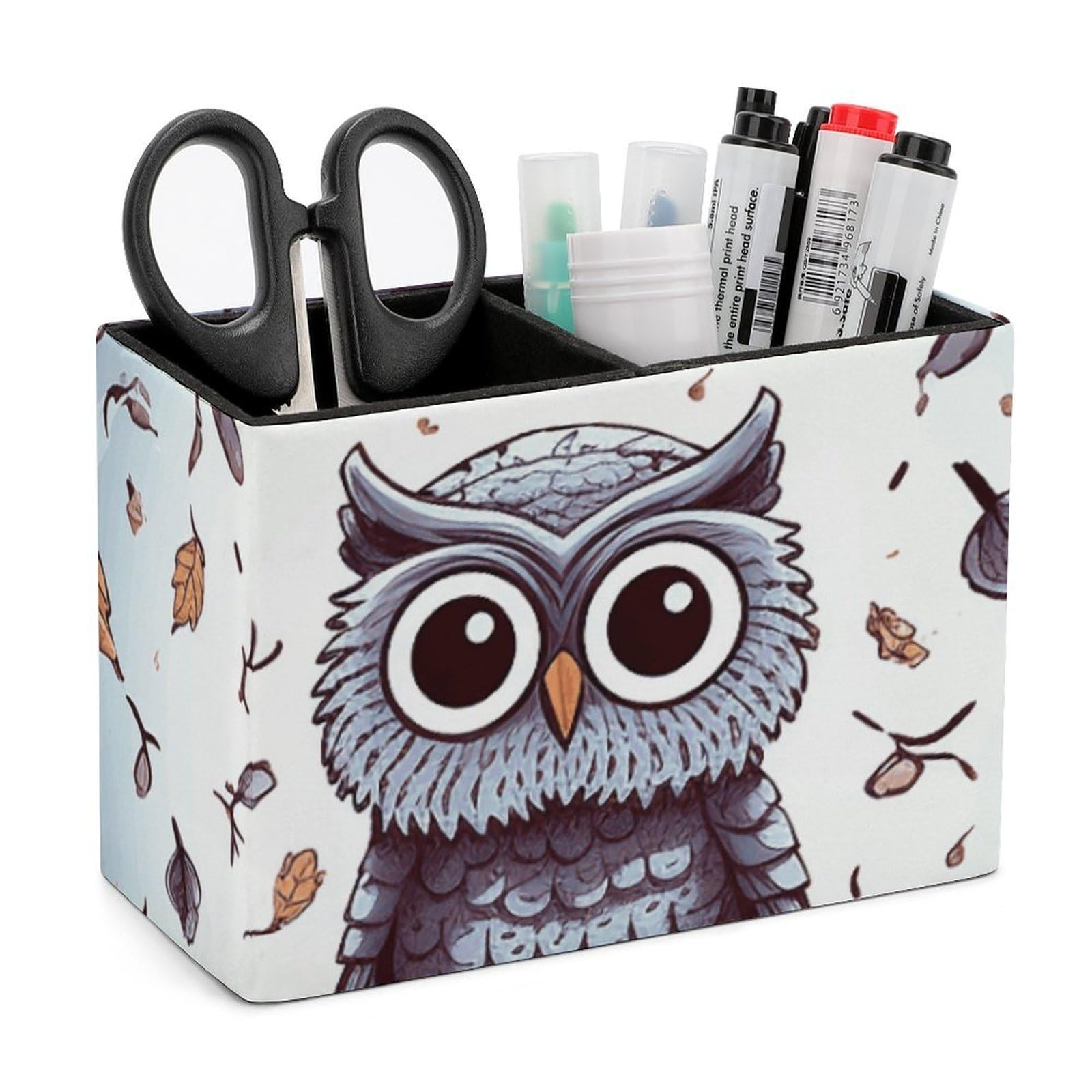 LZQPOEAS Exquisite Patterns PU Leather Pen Holder, Multifunctional Desktop Organizer Caddy with 2 Compartments, Owl Tree Branches Pencil Cup Makeup Brush Holder for Office Home