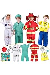 LOYO Kids Role Play Dress Up Clothes for 3-8 Years Old Play, 4 Sets Astronaut/Doctor/Fireman/Construction Costume for Kids And Toddlers Boys Halloween Costumes