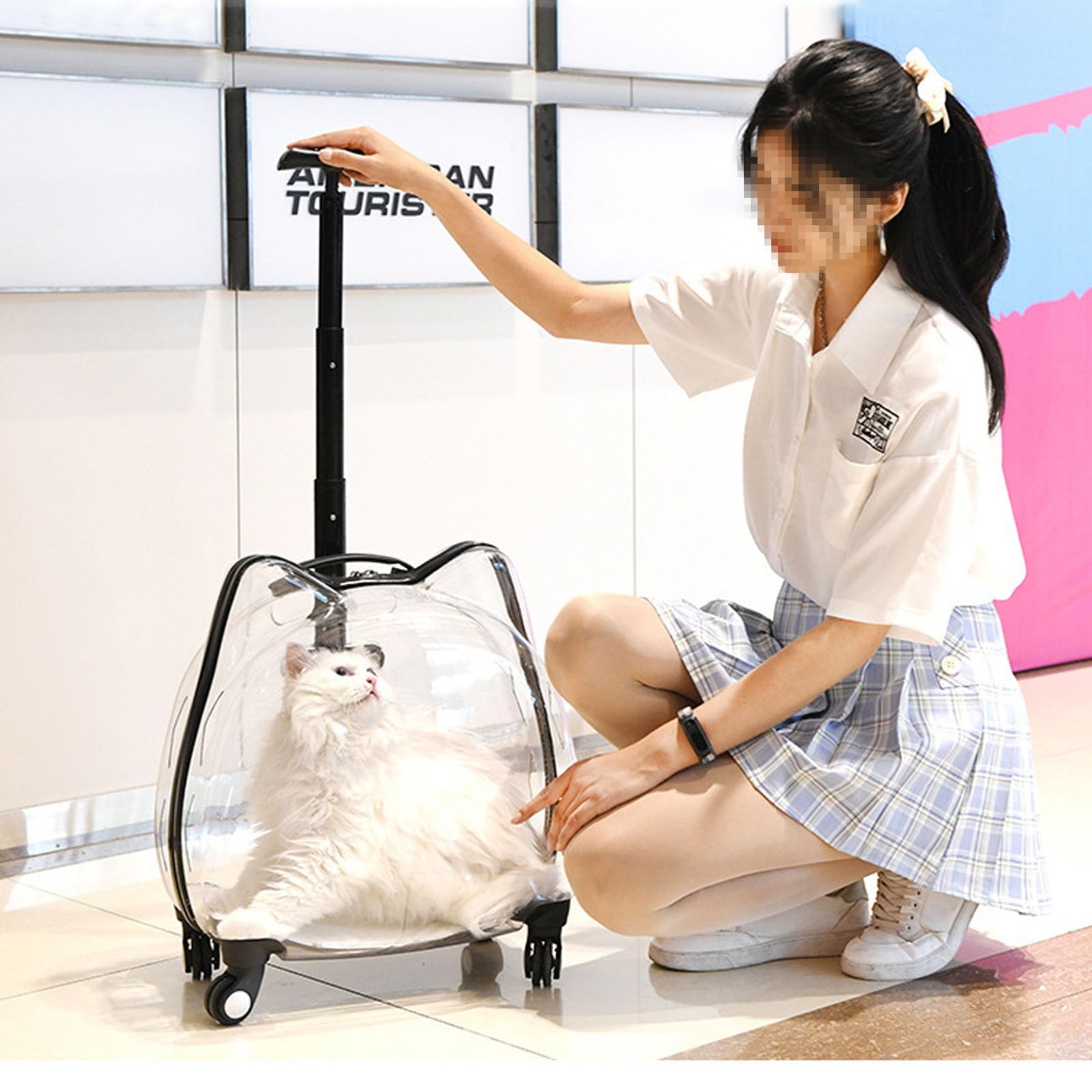 Maleta con Ruedas para Perros y Gatos Transportin Gato con Ruedas y Varilla Telescópica, Diseño Súper Ventilado, Ideal para Viajar, Caminar, Acampar(Rose)