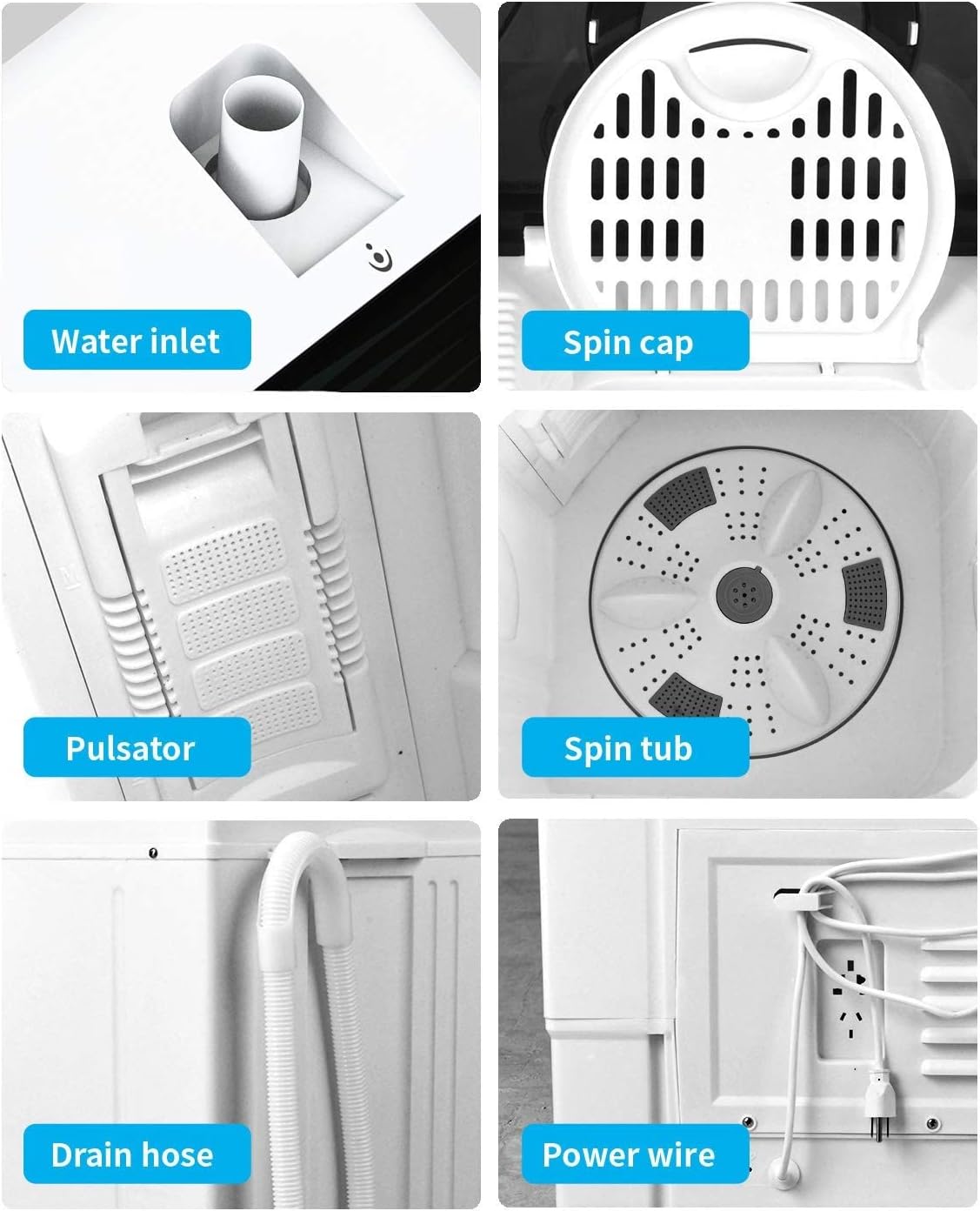 KUPPET Compact Twin Tub Portable Mini Washing Machine 26lbs Capacity, Washer(18lbs)&Spiner(8lbs)/Built-in Drain Pump/Semi-Automatic (White&Black)