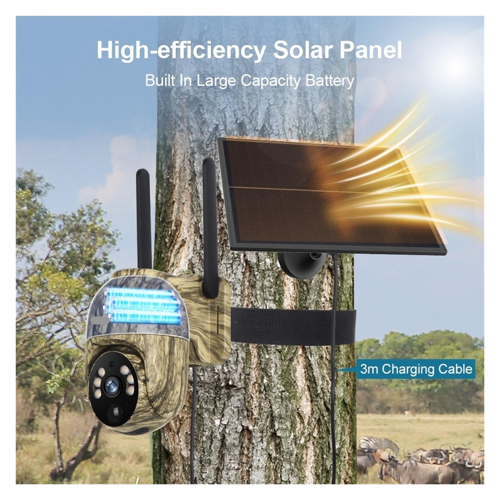Telecamera PTZ Solare 4G WiFi 2K Sicurezza Esterna | Vista Live 360°, Corpo Mimetico, Alimentazione Batteria Per Monitoraggio Fauna Selvatica(4MP WIFI Add 128G)