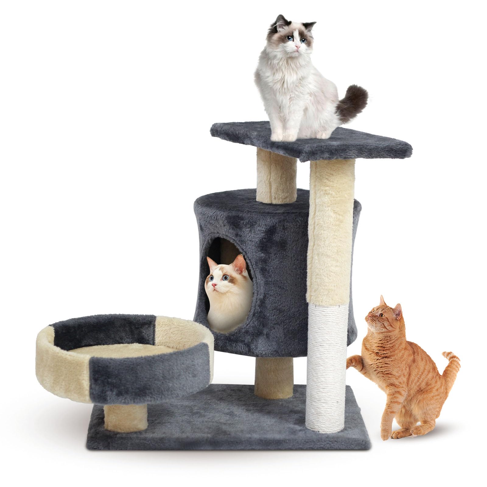 SKY-TOUCH Cat Tree Tower｜Durable Cat Condo with Sisal Scratching Posts｜Cozy Cat House,｜Ladder & Resting Platforms for Indoor Use | Assembly accessories｜53×50×33cm,Gray