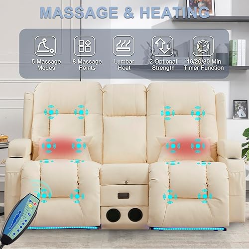 Miniatura 4 de URRED Sofá reclinable de dos plazas con masaje y calor, sofá biplaza reclinable eléctrico con consola, asiento de cine en casa con luces LED,