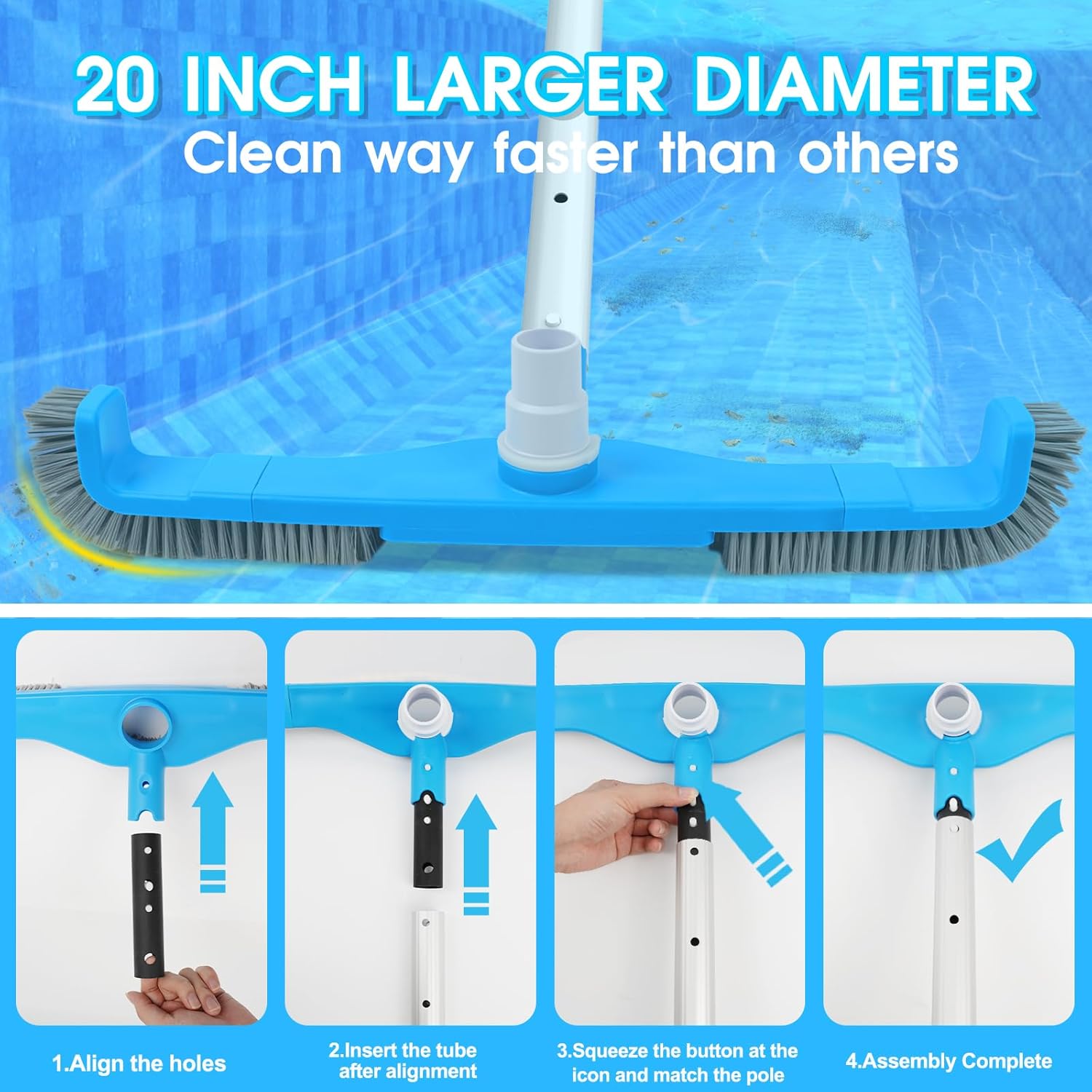 (2026 Upgraded) 20" 2 in 1 Pool Brush Vacuum Head with Swivel Hose Connection & Sturdy Nylon Bristles for Heavy Duty Inground & Above- Ground Pool Cleaning - Connecting 1-1/4" or 1-1/2" Hose (No Pole) - Image 2