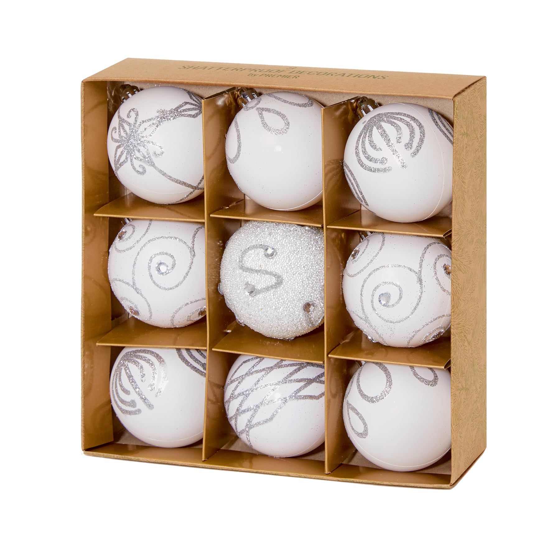 Widdle Gifts White 6235 Christmas Shatterproof Baubles 9 Pack 60Mm Tree Decoration - Glitter, Matte, And Shiny (White 6235)