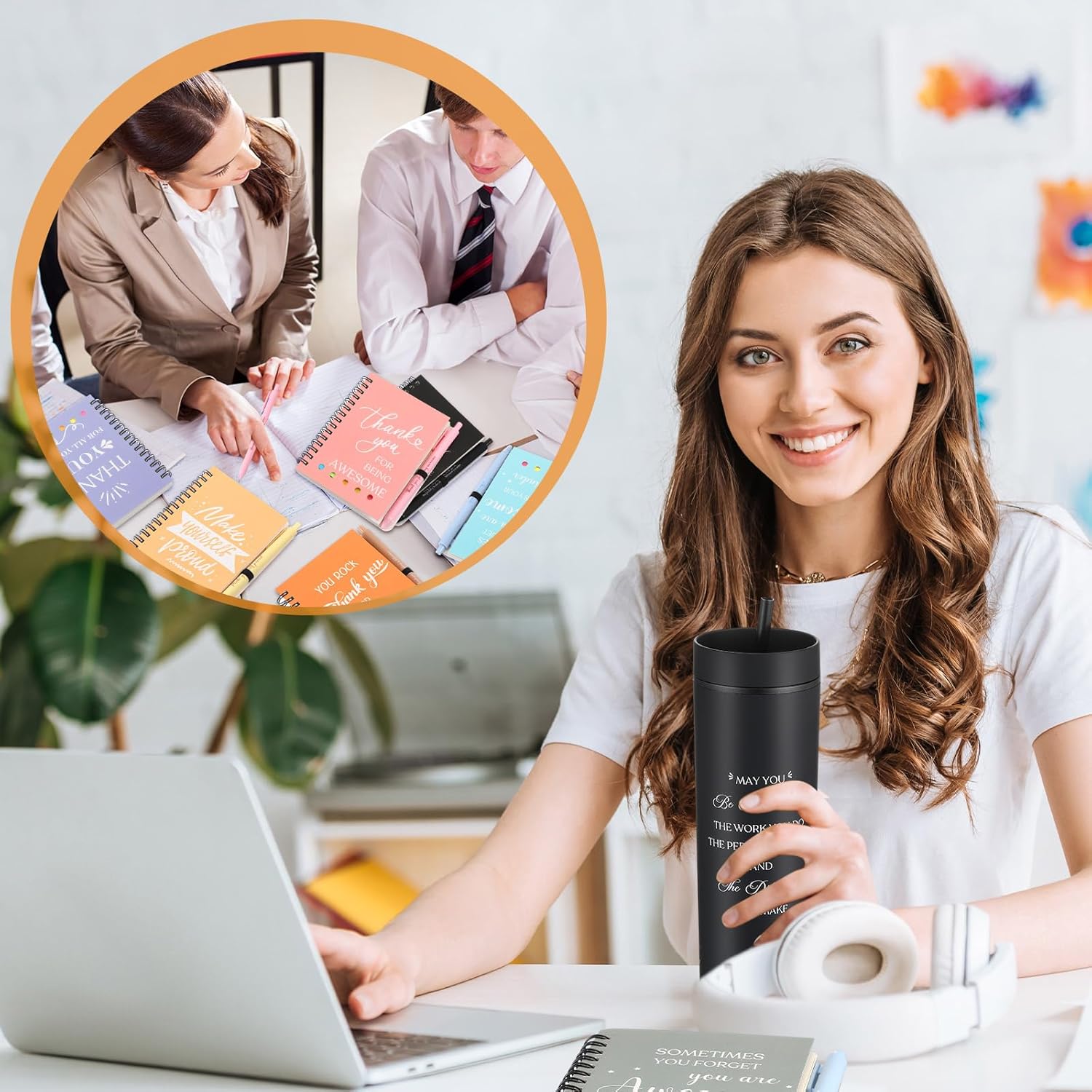 Dunzoom 6 Set Employee Appreciation Gifts Thank You Gifts for Coworker 16 oz Tumbler Cups with Lids Straws Inspirational Notebooks with Ballpoint Keychains for Teacher Nurse Work Business Team Staff
