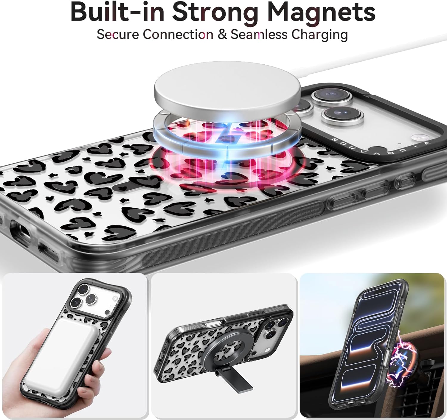 Bouvardia for iPhone 17 Pro Max Case, Compatible with Magsafe & Cheetah Leopard Heart Design, Aesthetic Cute Girly Magnetic Phone Case from Extraordinary Designer for Women and Girl