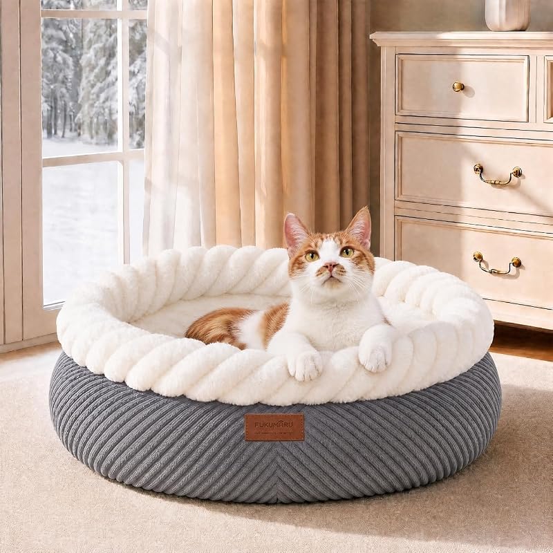 Cute Round Cat Bed, Calming Donut Small Dog Beds, Washable | Super Soft Corduroy Kitten Beds, Plush Cat Cave Bed for indoor Cats and Puppy with Anti-Slip Bottom