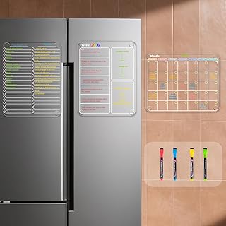 Non-Magnetic Fridge Calendar Set, Reusable Dry Erase Monthly Weekly Planning Boards, Transparent Chore Chart Sticks to Wall, Glass, Door, Any Smooth Surfaces(Month+Week+List)