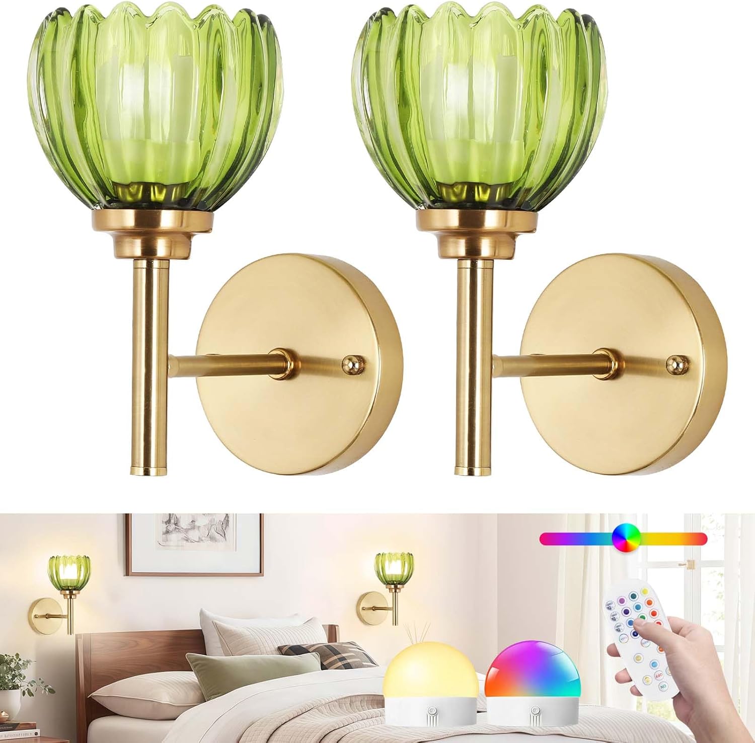 Vintage battery operated wall sconce Set of Two,Wireless wall sconces with Remote,Rechargeable Wall lamp with Green Tulip Glass Shade,15 Colours Dimmable Wall light for Bedroom Bathroom Hallway