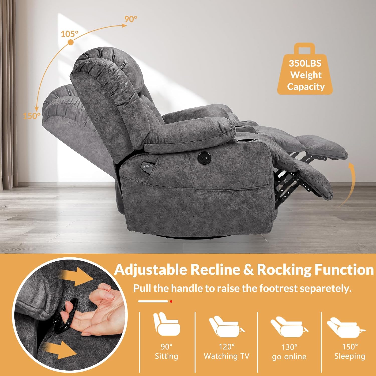 360° Swivel Glider Rocking Recliner Chair, Overstuffed Manual Massage Recliner with Heat and Vibration, Single Modern Sofa Home Seating for Living Room, USB Ports/Cup Holders (Plush-Grey)