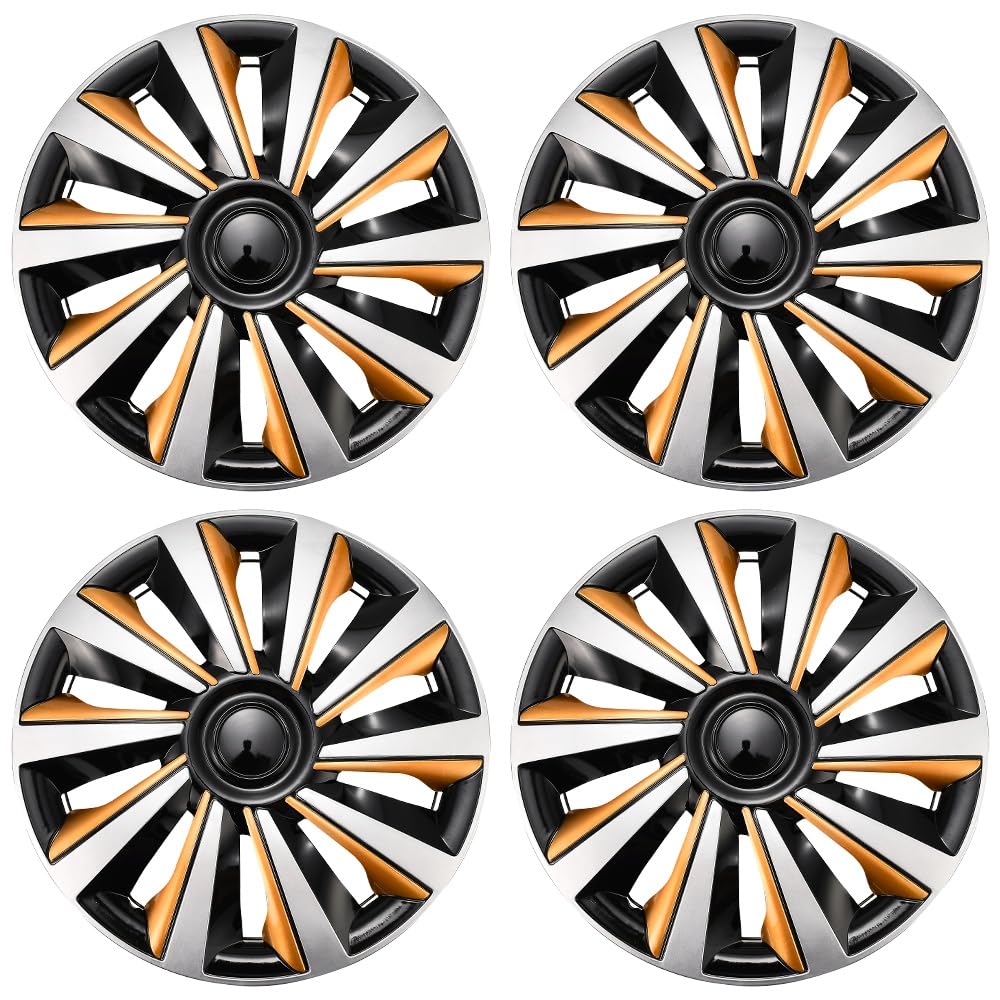 Silver with Gold Hubcap Wheel Cover Replacement Kit 15" Hub Caps Wheel Rim Cover Car Exterior Accessories Pack of 4, 15 Inches