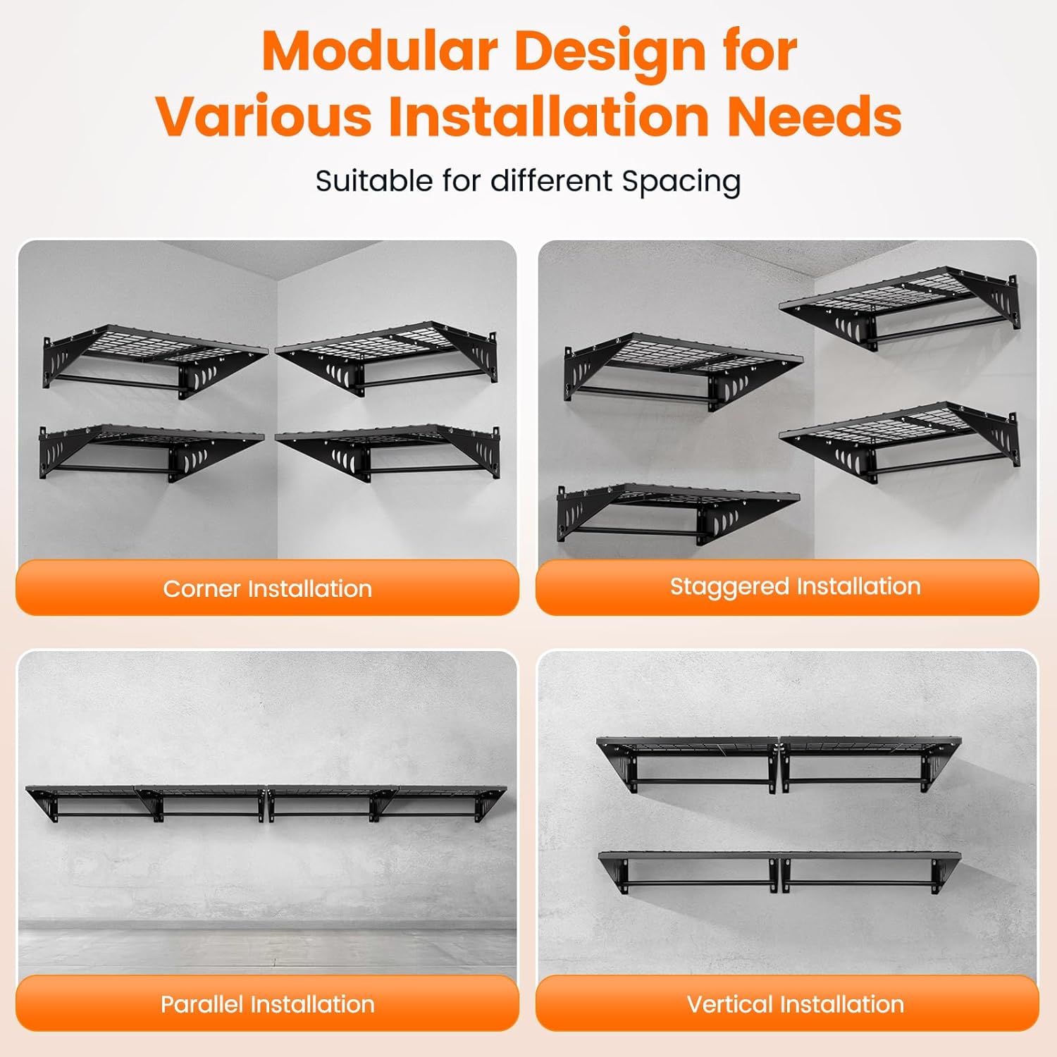 ENJOYWOOD Garage Shelving 2x2ft 4-Pack, Garage Storage Rack 24"x24" Metal Shelves Black Wall Mounted with rods & 4 Hooks, Heavy Duty Wall Shelving Floating Shelves, 880lbs Total load Capacity