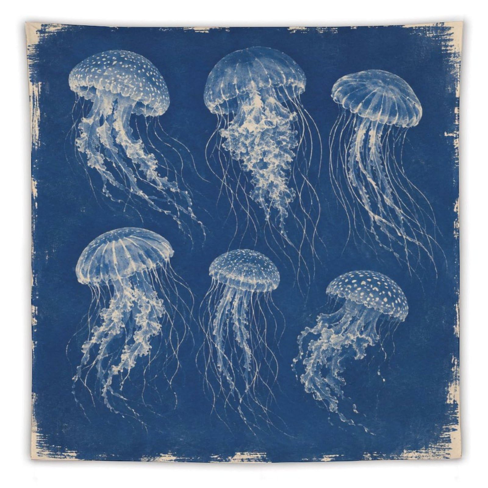 H3B8U2Y5 Blue Jellyfish Study Wall Tapestry, Vintage Poster Style, Bedroom
