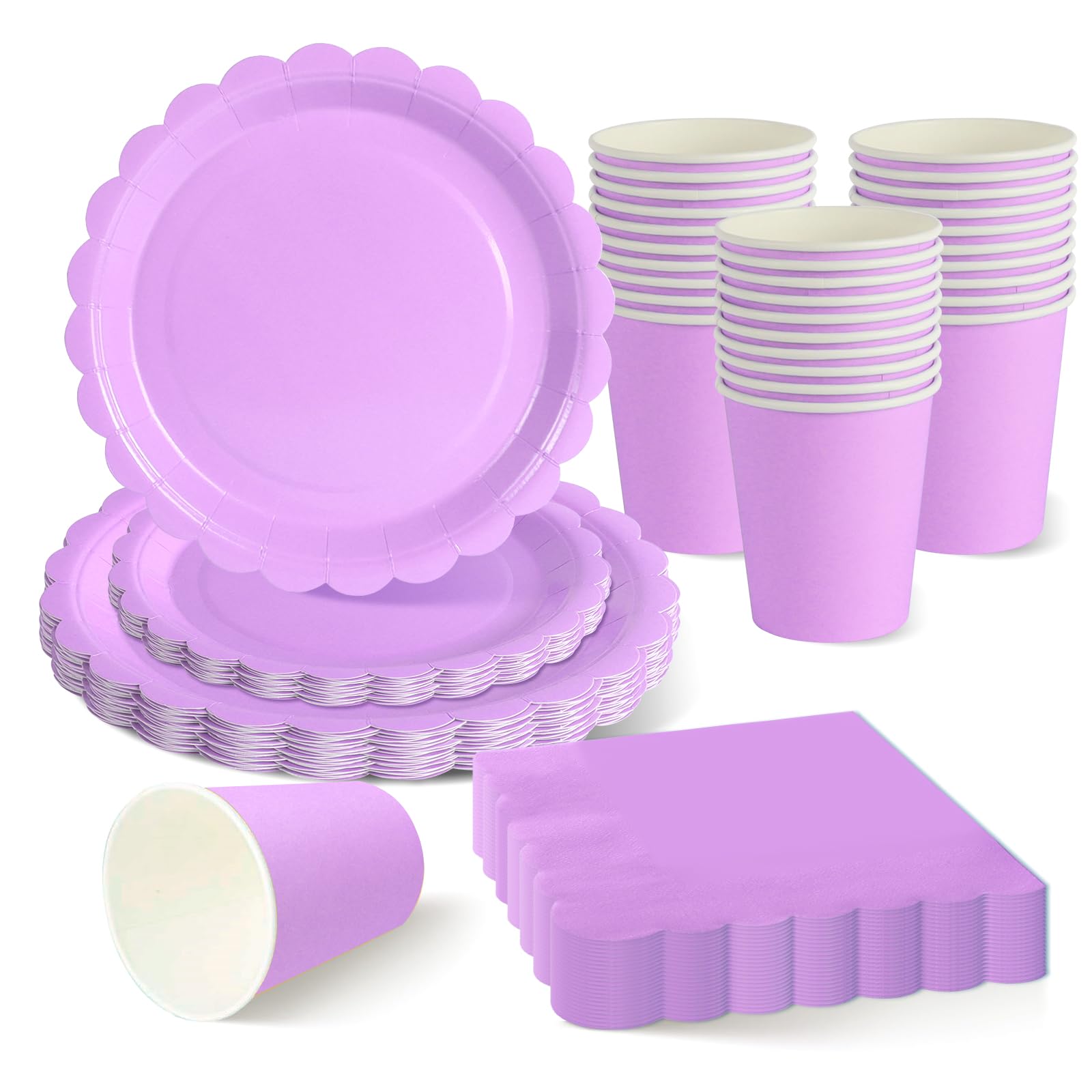 ZblPyro Lilac Party Tableware Set for 30 Guests | A Set of 120 pcs Includes 9" & 7" Scalloped Paper Plates, Cups & Napkins | Baby Shower for Girl, Spring Wedding & Christening