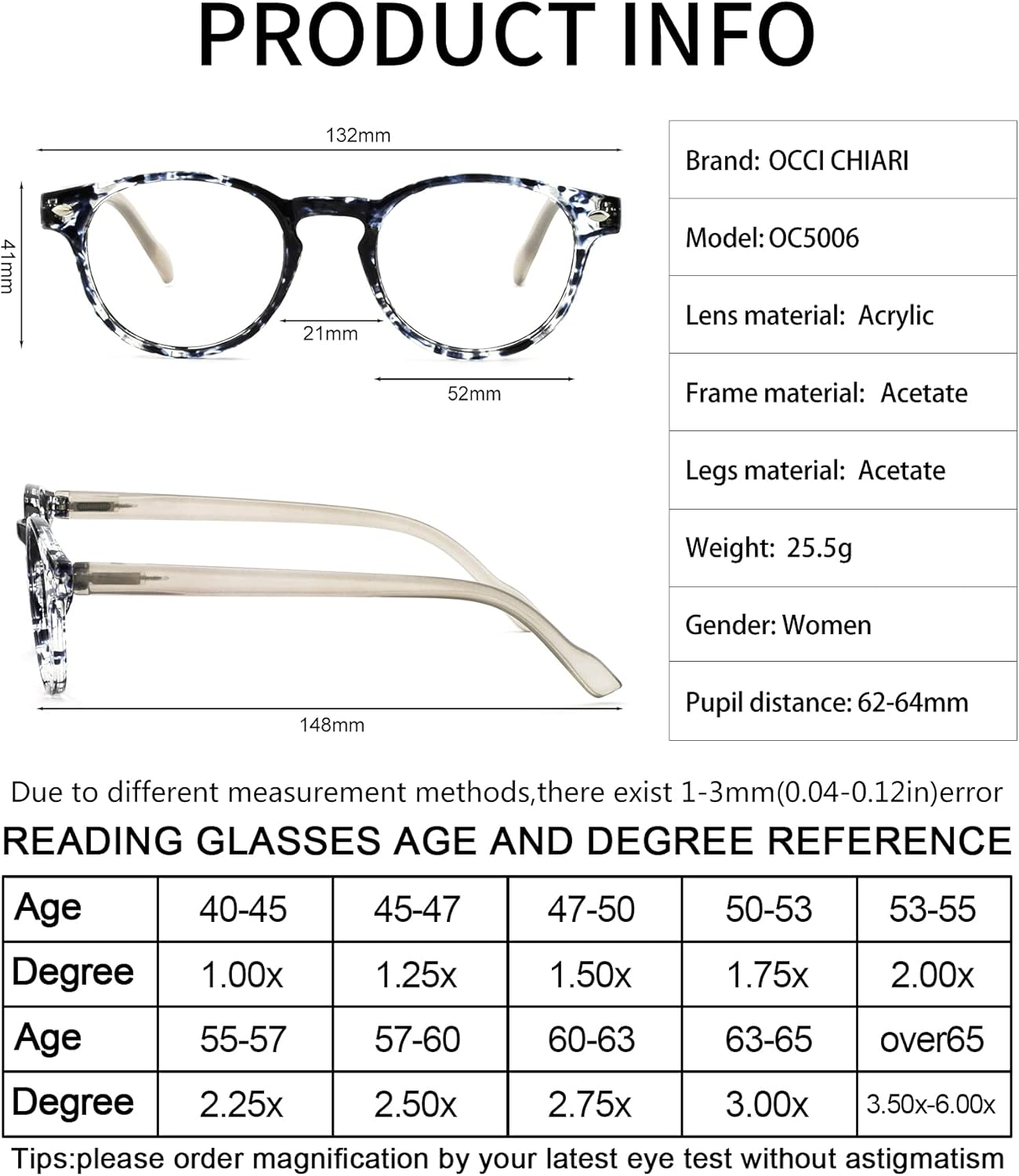 OCCI CHIARI Women's Reading Glasses Eye Reader Durable 0 1.0 1.25 1.5 1.75 2.0 2.5 to 4.0 5.0 6.0 (15006- Black, 2.0) - Image 5