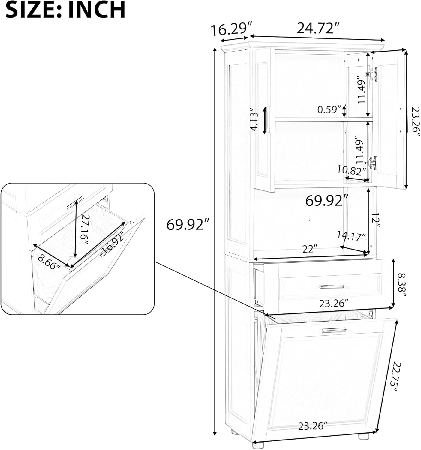 Tall Tilt Out Laundry Hamper with Storage Drawer and Cabinet Laundry Basket, Wood Bathroom Storage Cabinet, White