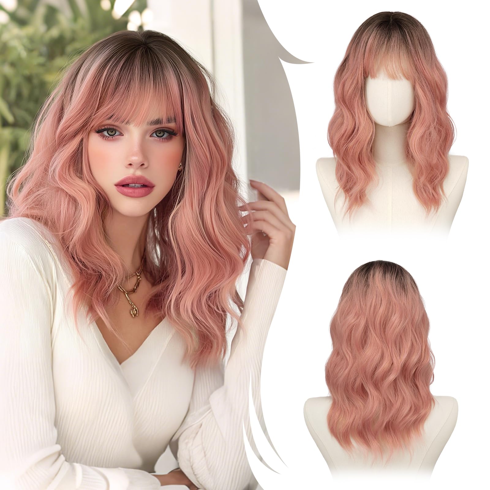 RUWISS Rosa Sfumato Parrucca Lunghe Ondulate con Frangia, 50 cm Stratificato Parrucche Donna Aspetto Naturale Sintetico Capelli Parrucche Quotidiano Partito Cosplay Uso
