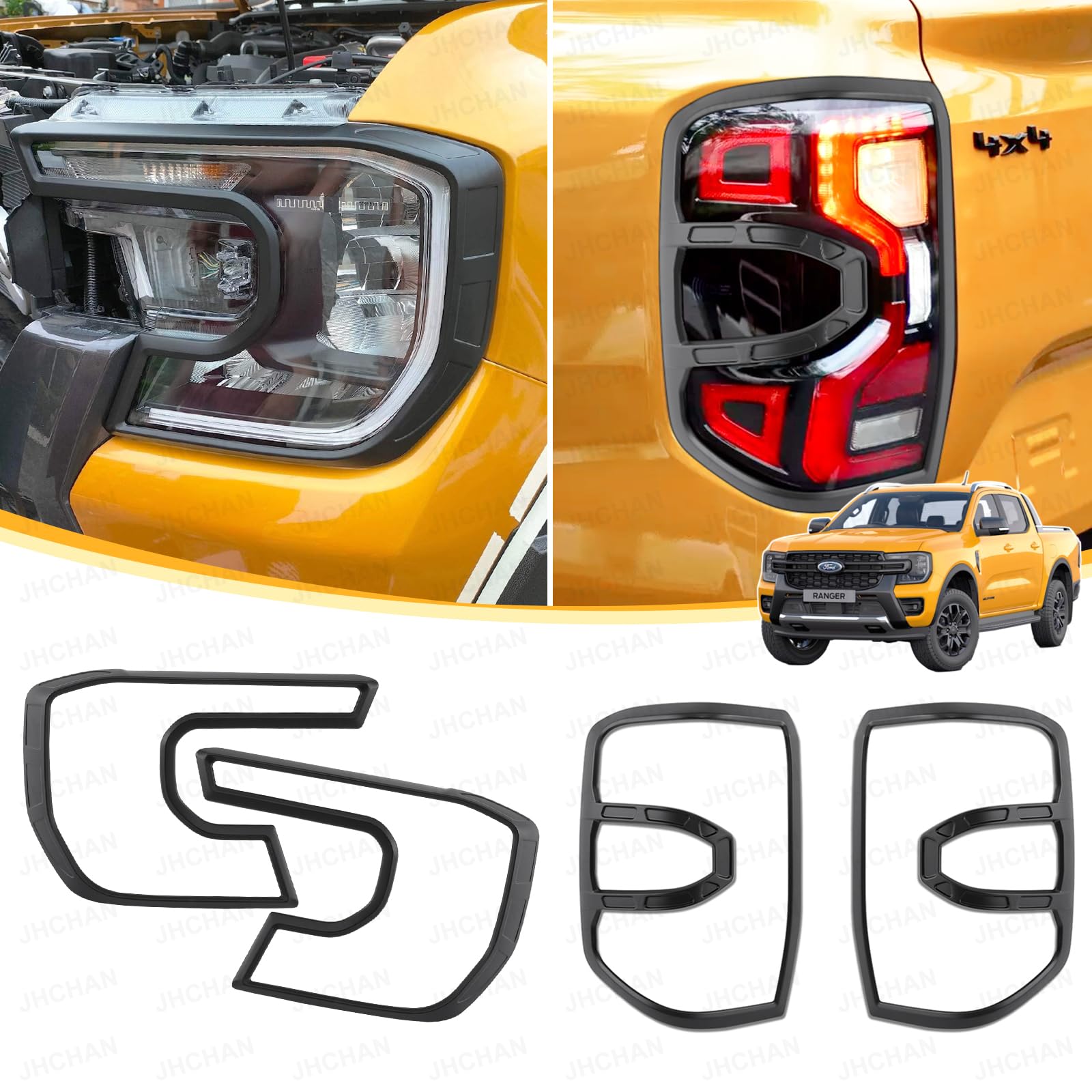 2023-2025 Headlight and Taillight Cover for Ford Ranger, T9 for Ford Ranger Wildtrak Platinum Raptor MSRT Light Guard, Ranger Accessories Bezels Trim Protector Kit (Headlight & Taillight Guard)